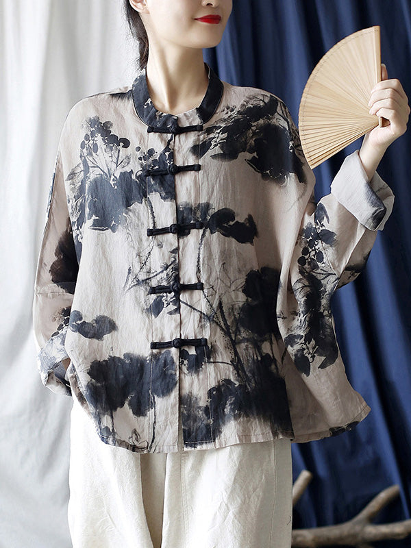 Women Summer Ethnic Ink-print Button-up Ramie Shirt