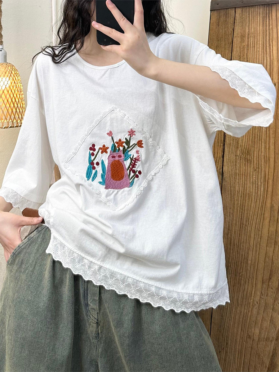 Women Summer Artsy Lacework Embroidery O-Neck Cotton Shirt