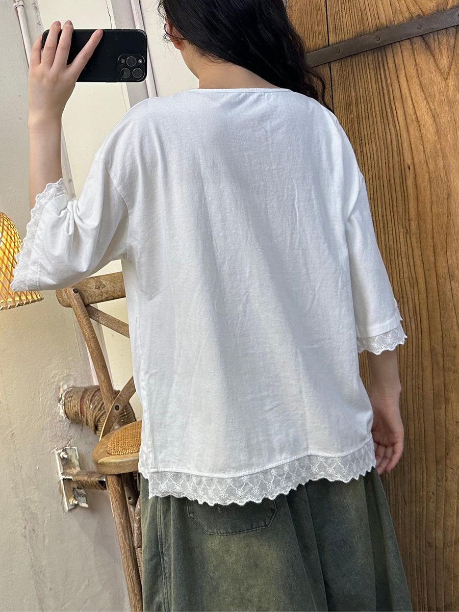 Women Summer Artsy Lacework Embroidery O-Neck Cotton Shirt