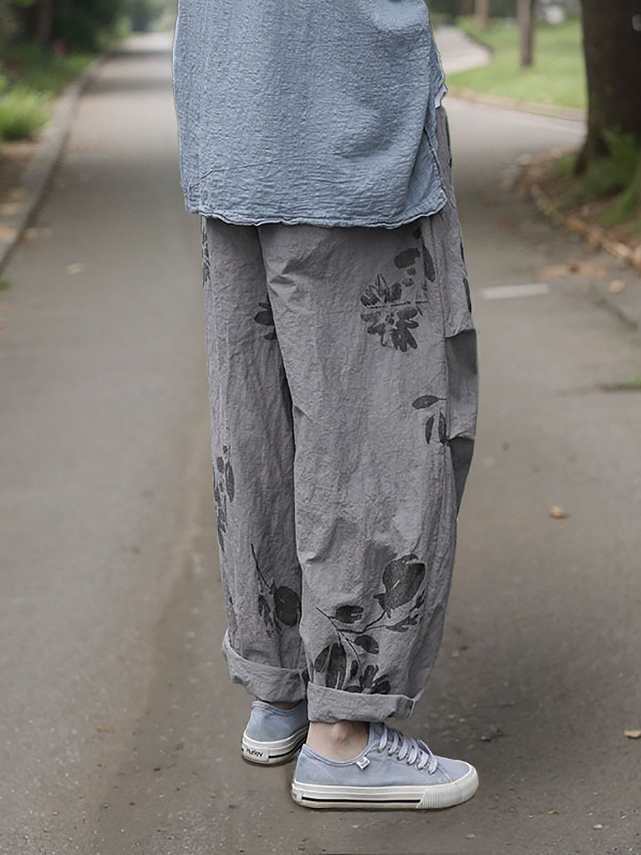 Women Vintage Flower Thin Cotton Loose Harem Pants