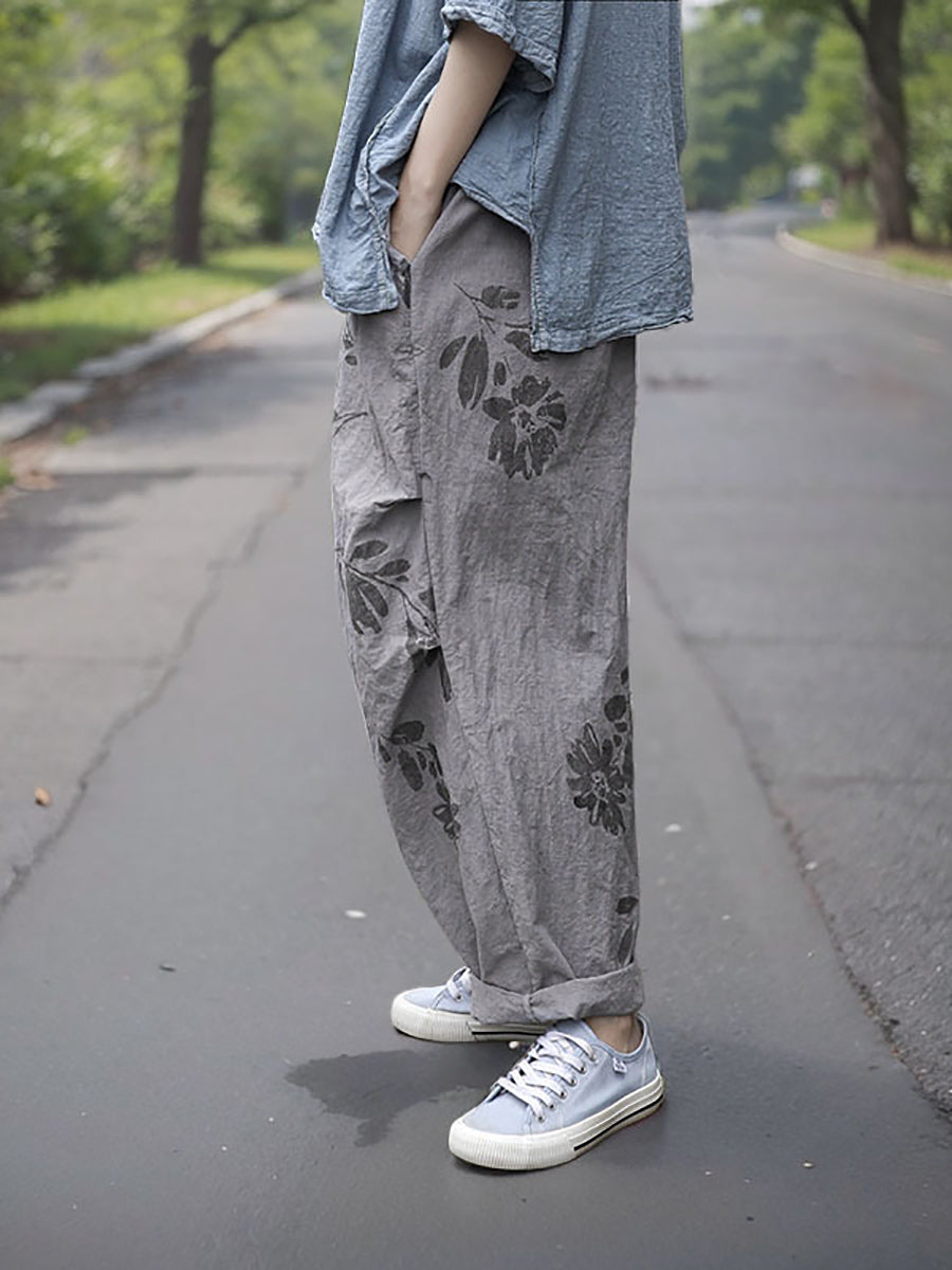 Women Vintage Flower Thin Cotton Loose Harem Pants