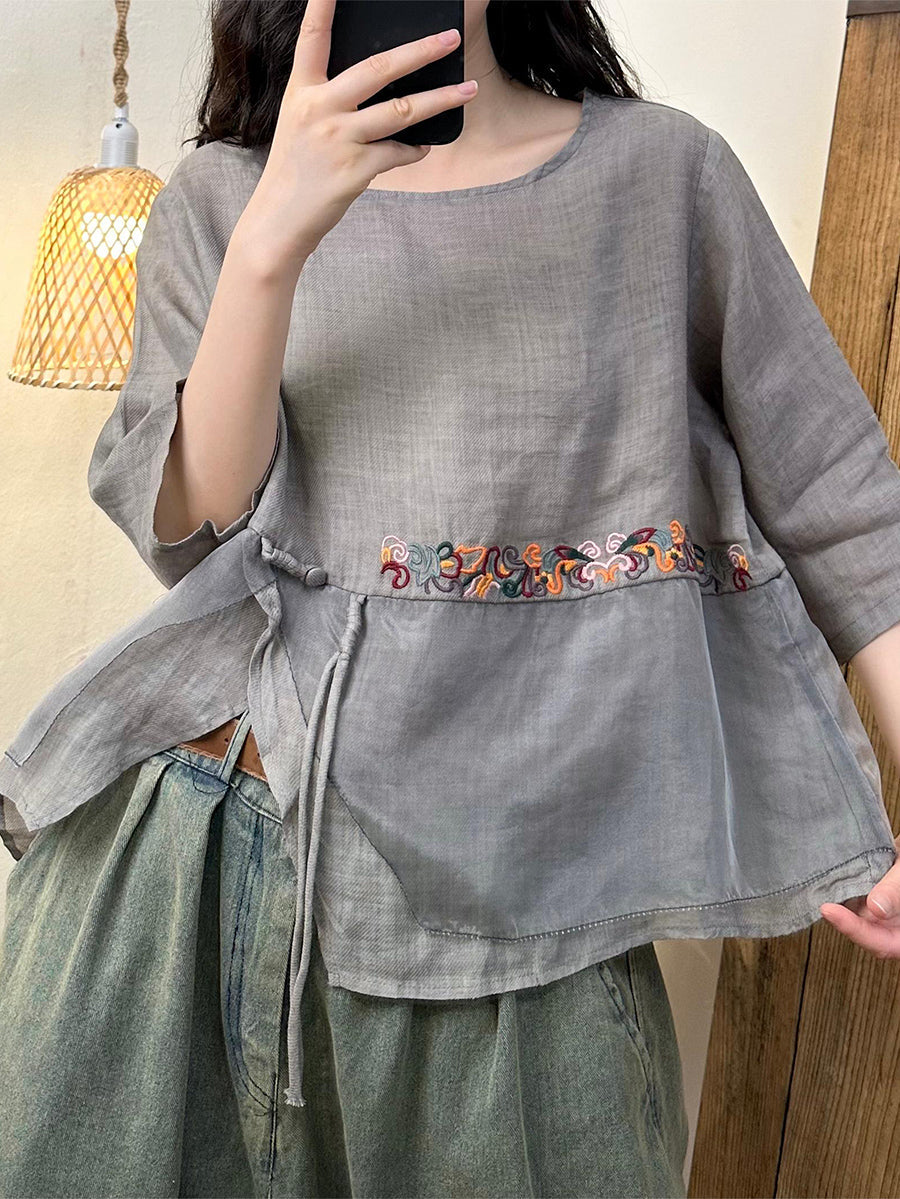 Women Ethnic Embroidery Spliced O-Neck Ramie Shirt