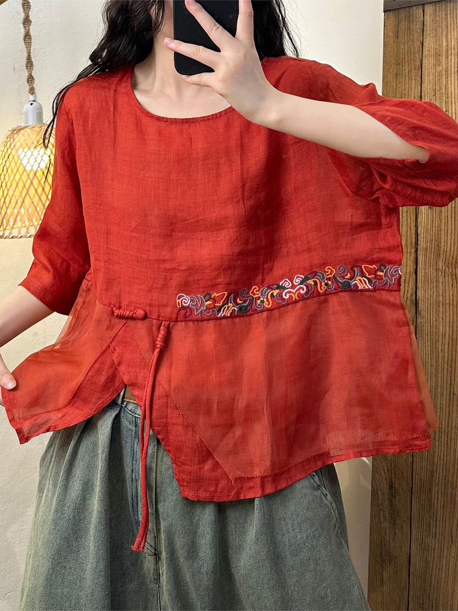 Women Ethnic Embroidery Spliced O-Neck Ramie Shirt