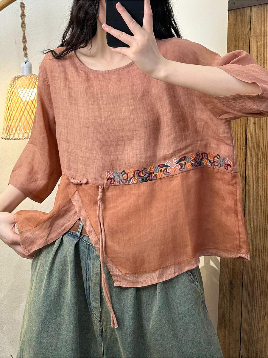 Women Ethnic Embroidery Spliced O-Neck Ramie Shirt