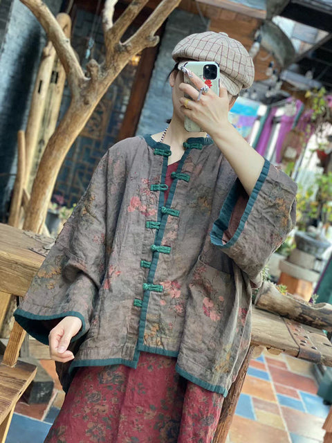 Women Autumn Vintage Flower Colorblock Button-up Linen Coat