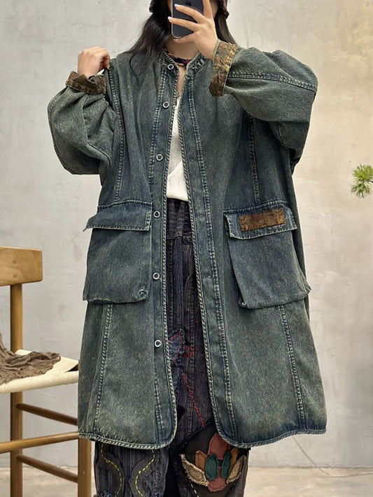 Women Autumn Vintage Pocket Denim Long Coat