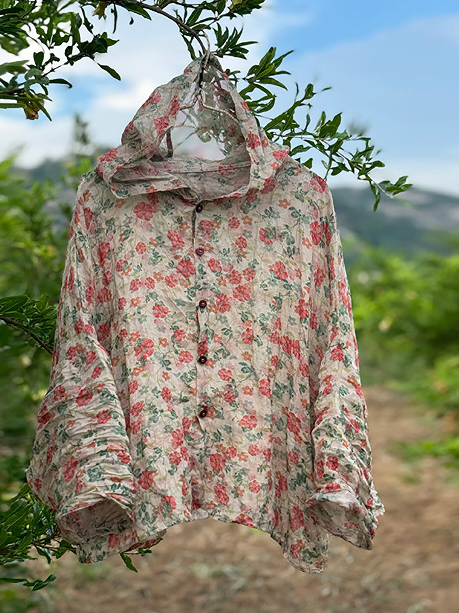 Women Vintage Flower Thin Summer Linen Hooded Shirt