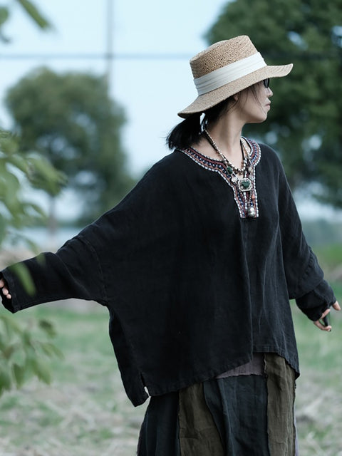 Women Ethnic Autumn Spliced Batwing Sleeve Linen Shirt