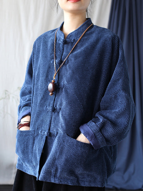 Women Autumn Vintage Solid Button-up Corduroy Shirt Coat