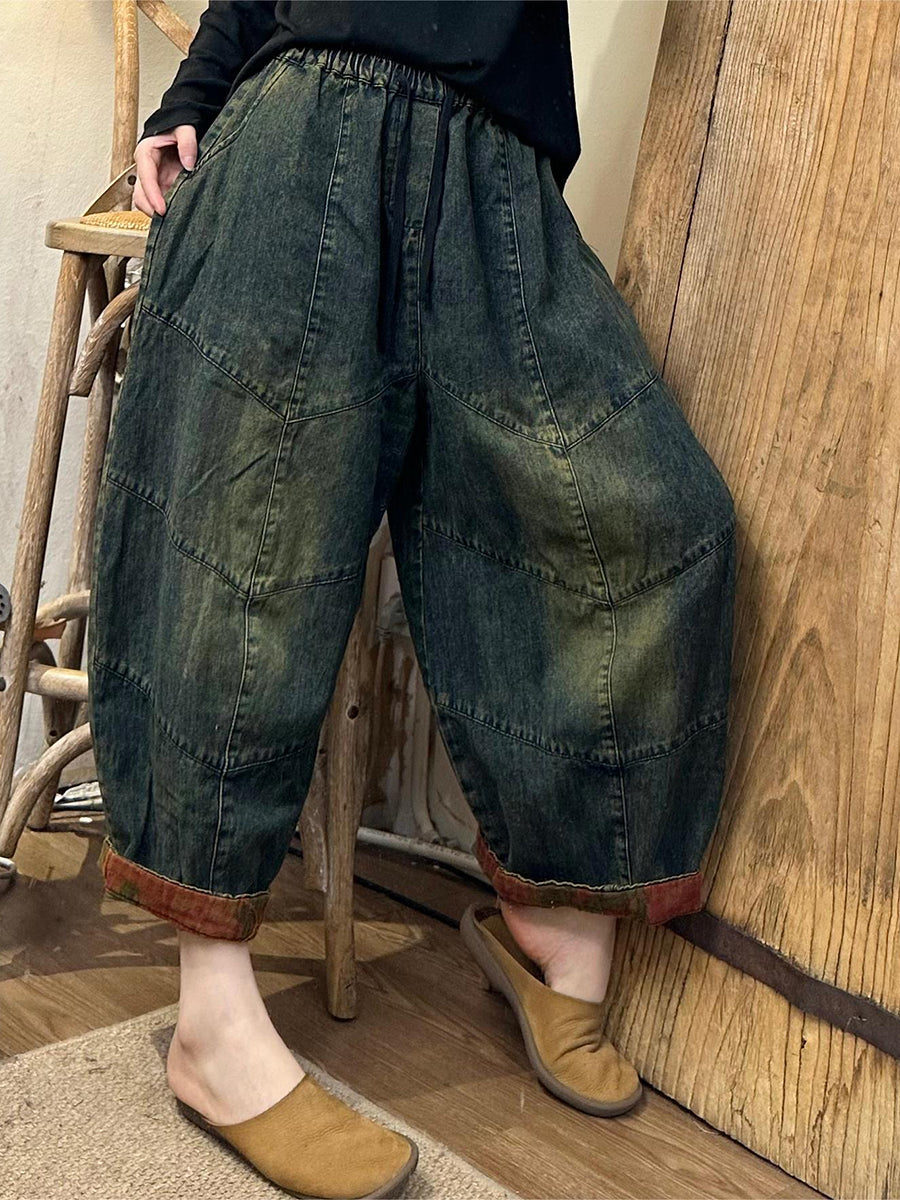 Women Summer Retro Denim Spliced Harem Pants