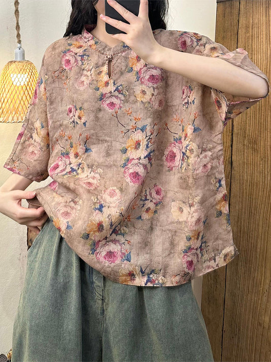 Women Summer Vintage Flower Buckle Stand Collar Ramie Shirt