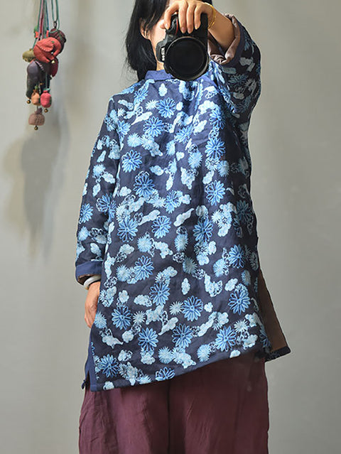 Winter Retro Thick Print 100%Ramie Coat