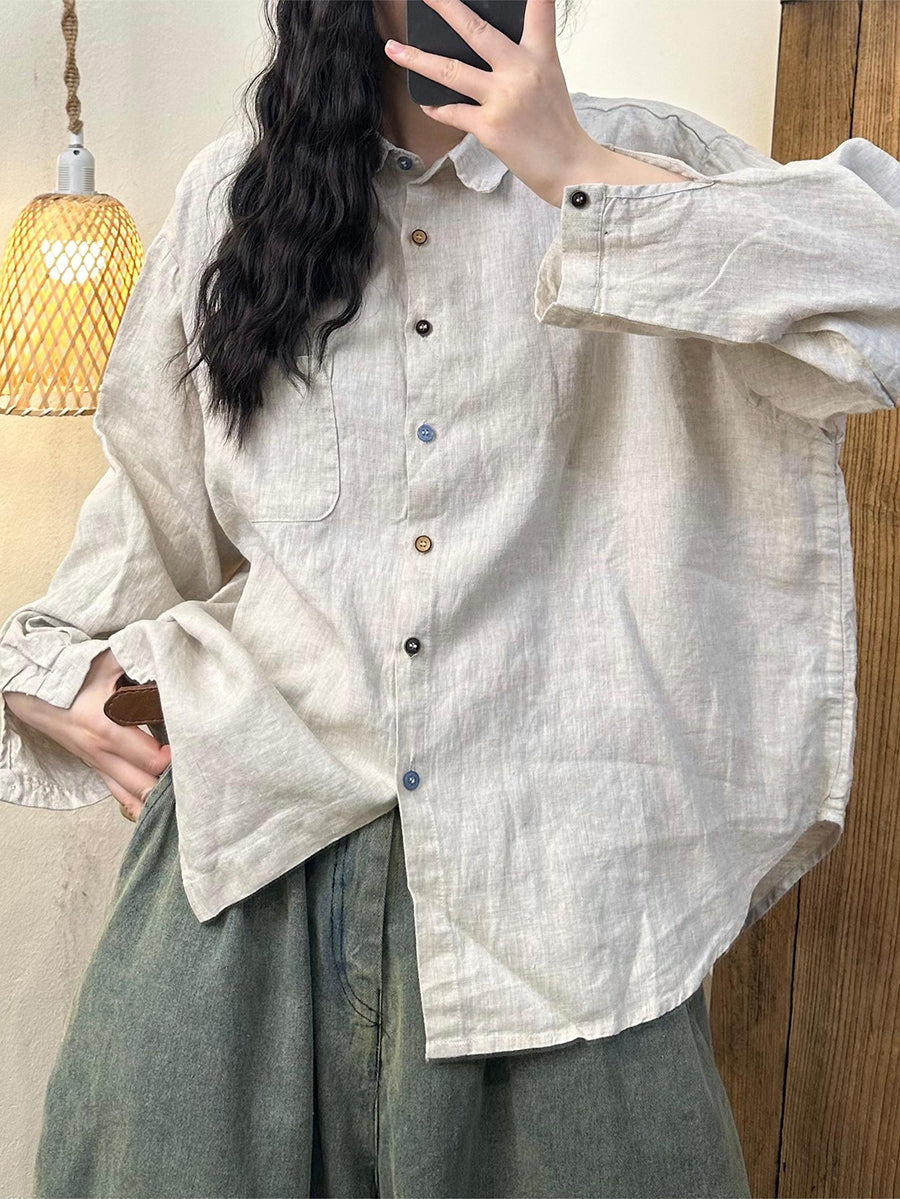 Women Casual Summer Solid Linen Colorful Button Shirt