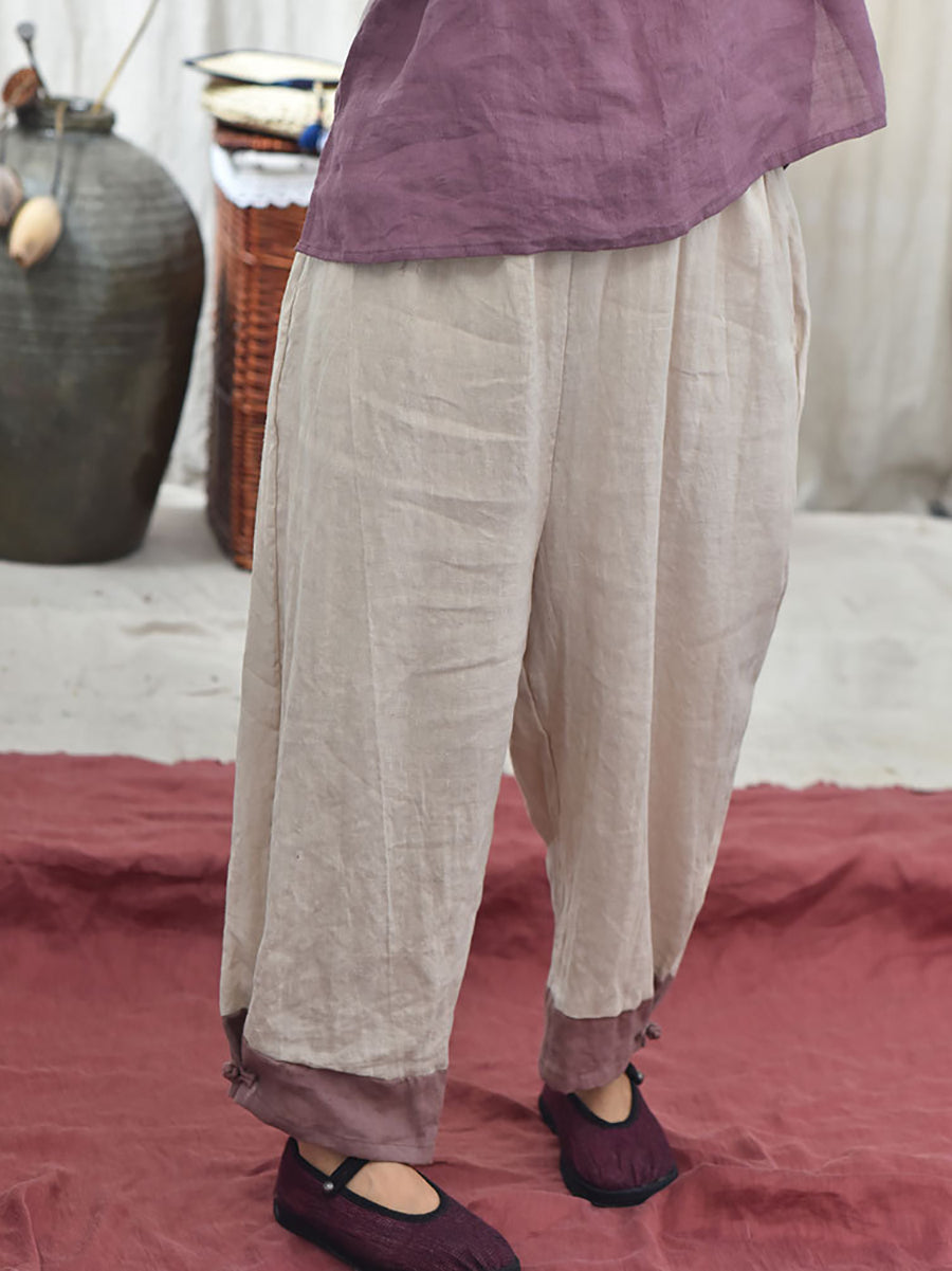 Women Autumn Vintage Colorblock Linen Wide-leg Pants