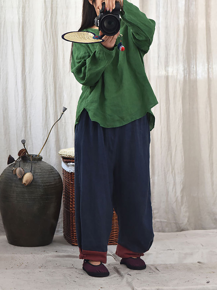 Women Autumn Vintage Colorblock Linen Wide-leg Pants