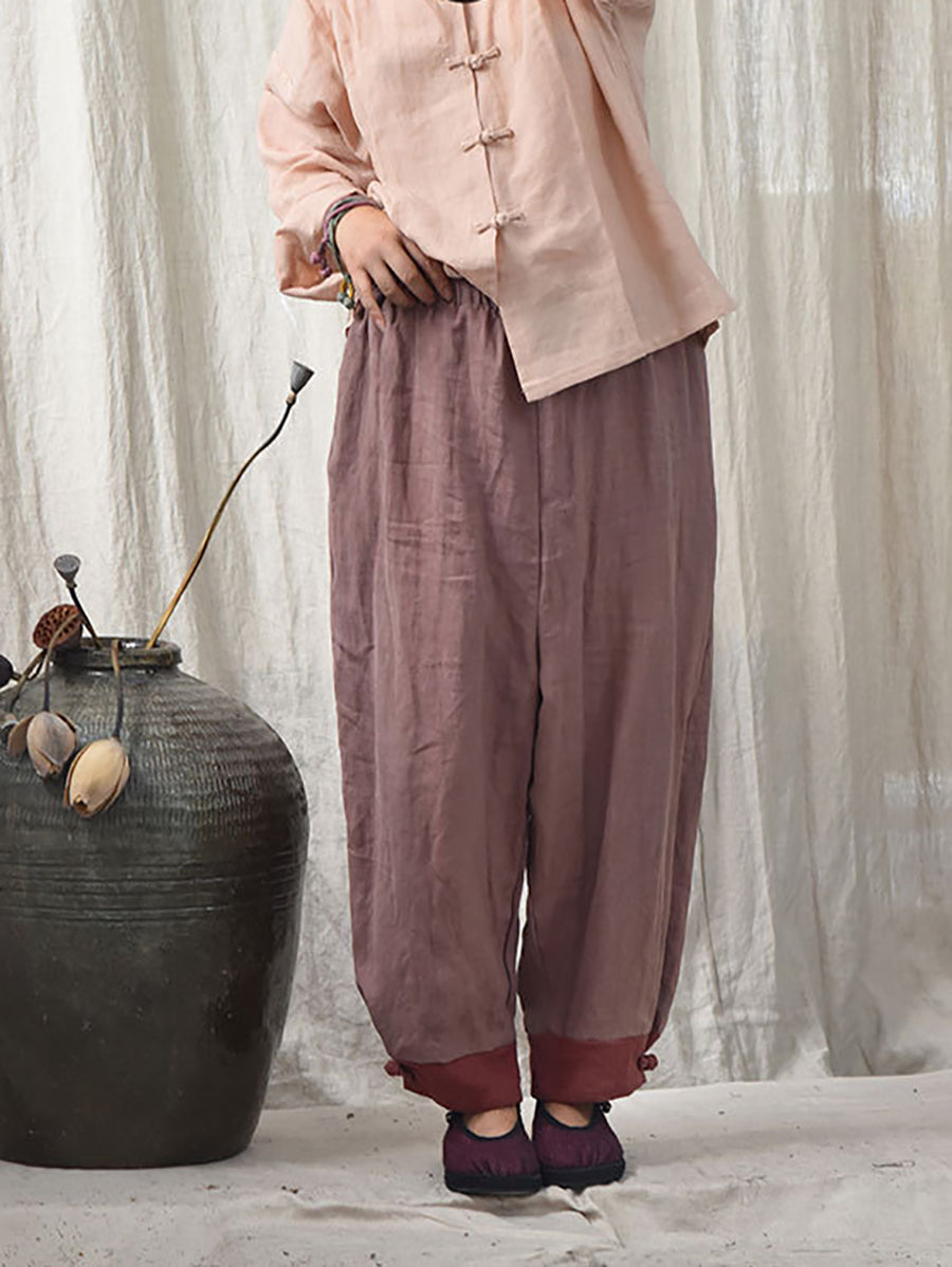 Women Autumn Vintage Colorblock Linen Wide-leg Pants