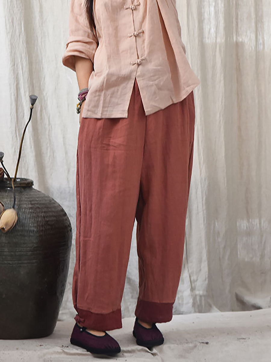 Women Autumn Vintage Colorblock Linen Wide-leg Pants