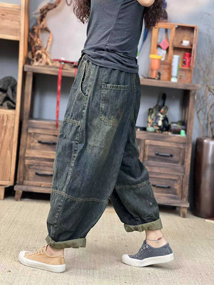 Women Autumn Retro Washed Spliced Denim Harem Pants