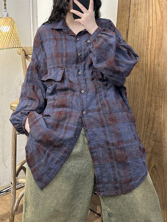 Women Spring Vintage Plaid Button-up Loose  Linen Shirt