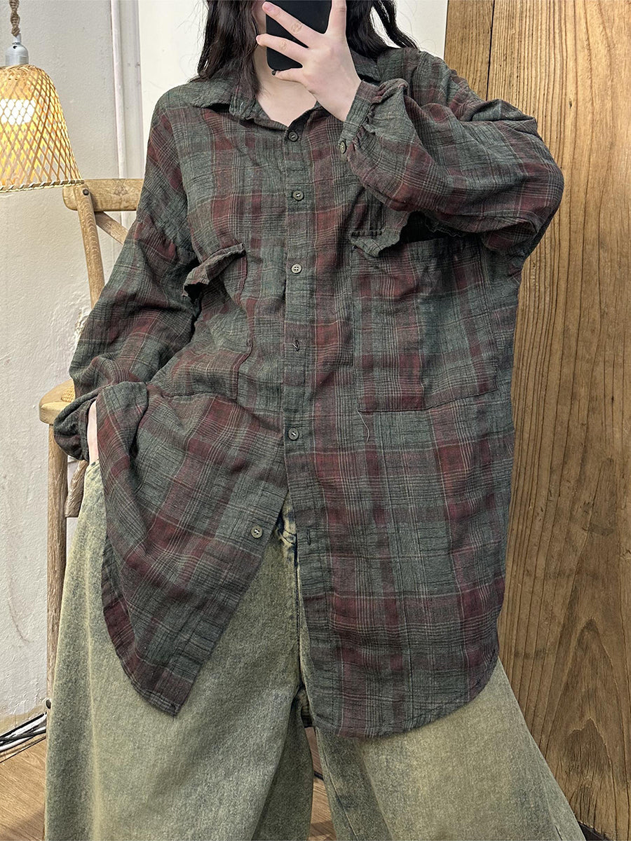 Women Spring Vintage Plaid Button-up Loose  Linen Shirt