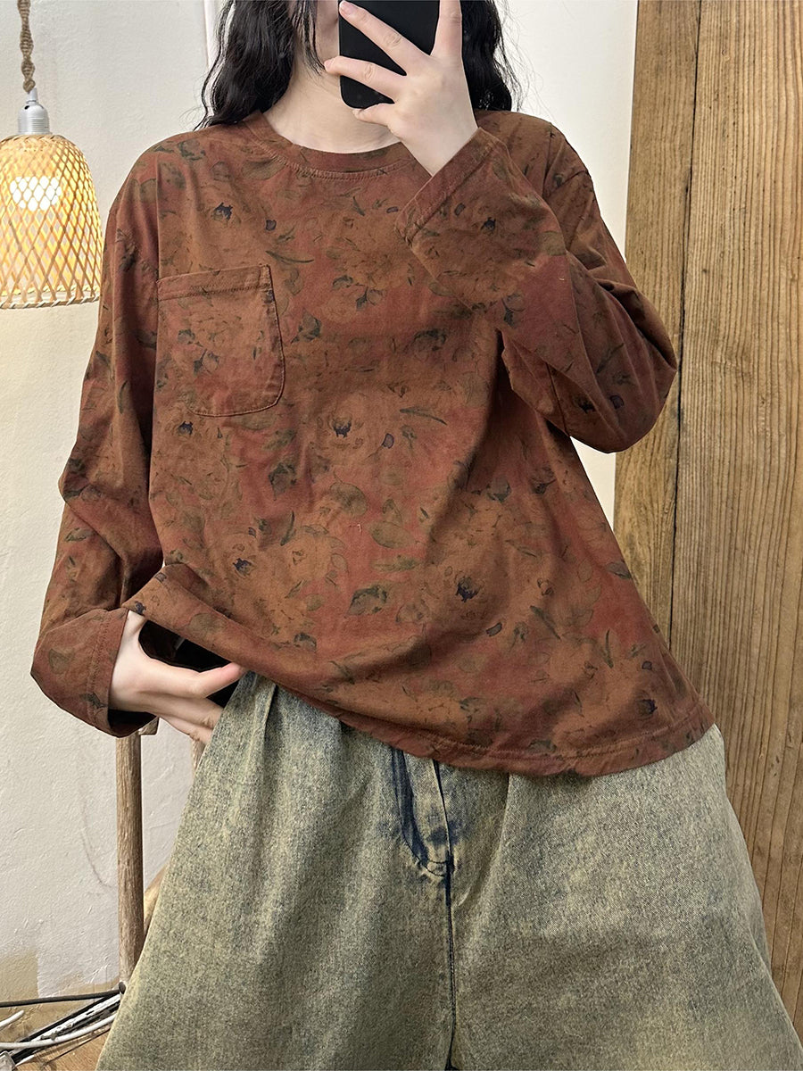 Women Autumn Vintage Flower Pocket O-Neck Cotton Blouse