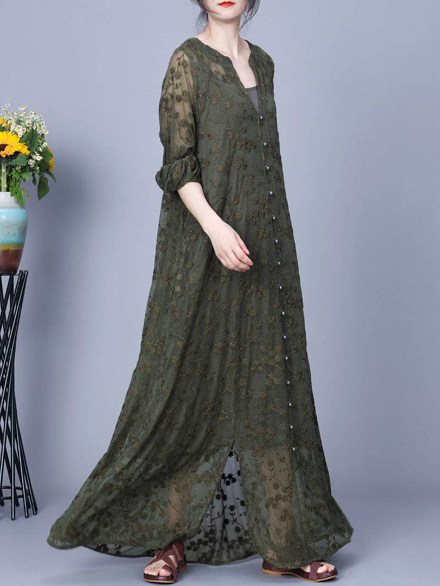 Women Autumn Flower Embroidery V-Neck Two-Pieces Dress