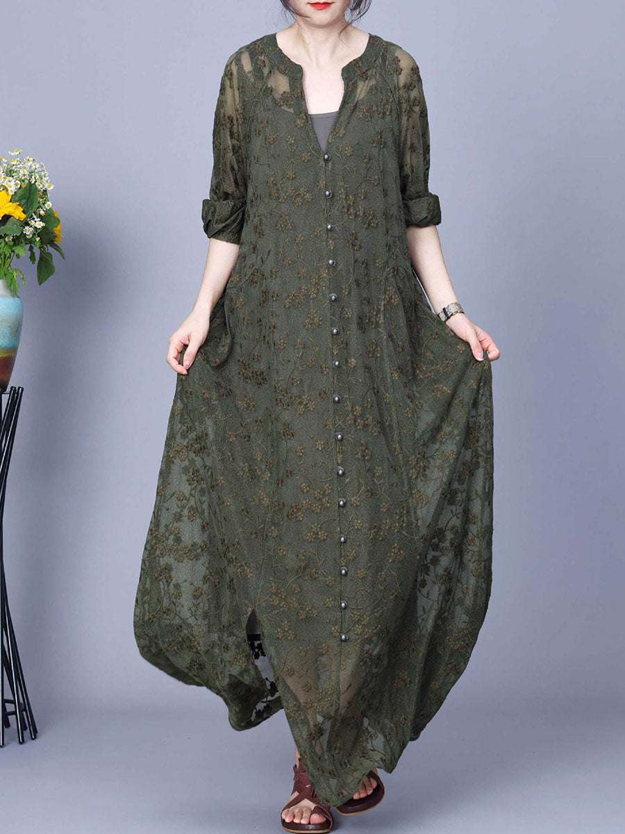 Women Autumn Flower Embroidery V-Neck Two-Pieces Dress