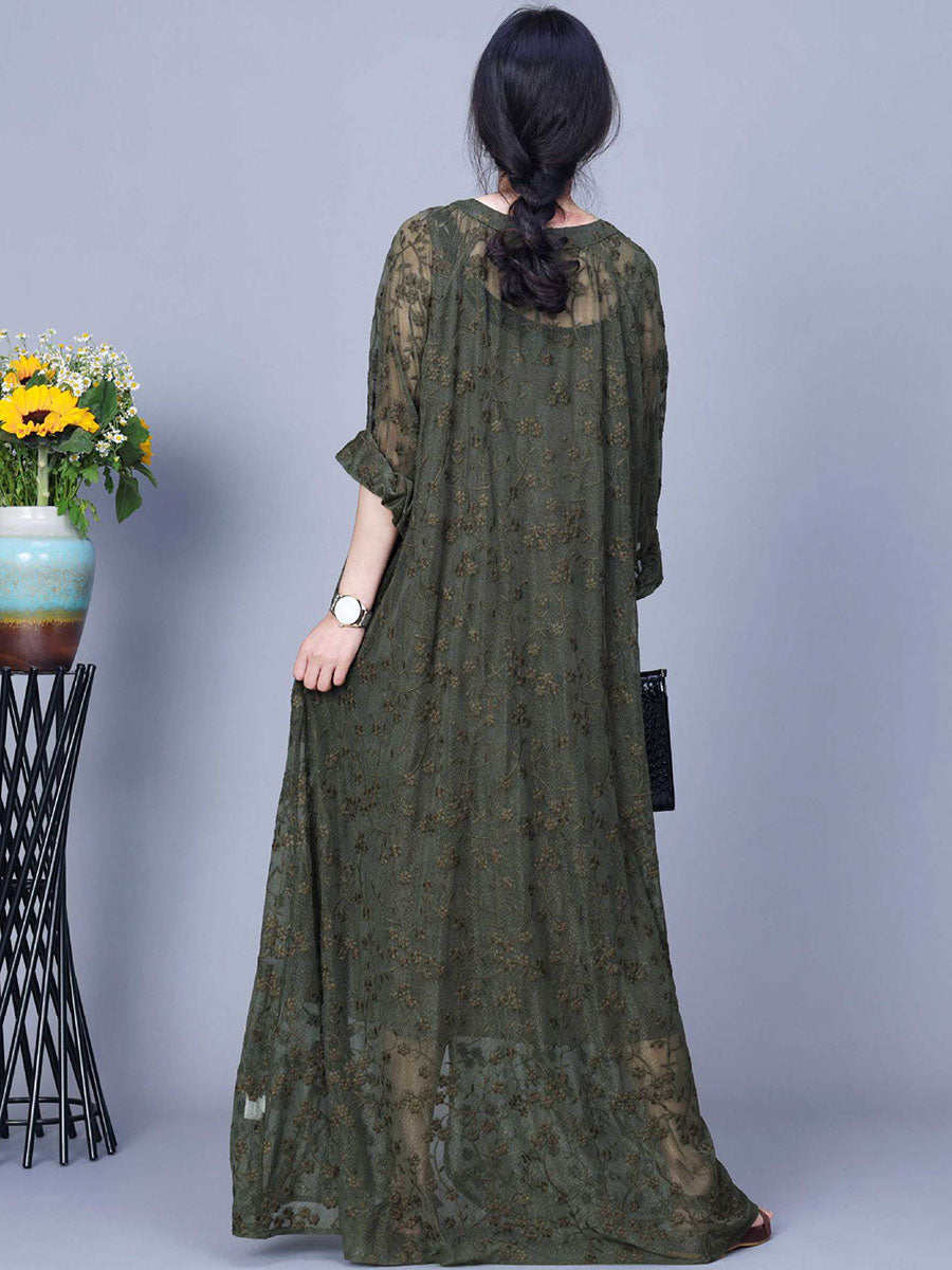 Women Autumn Flower Embroidery V-Neck Two-Pieces Dress