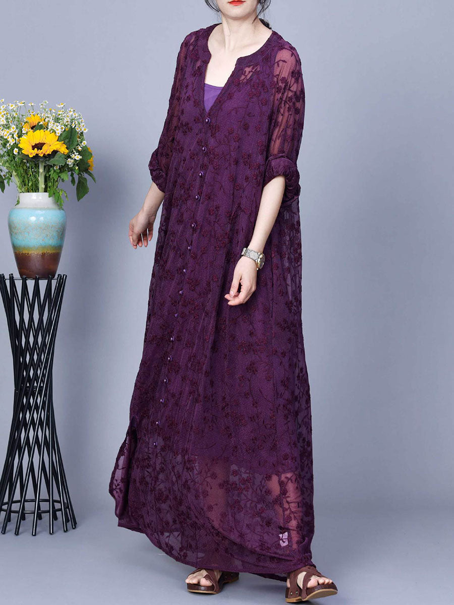 Women Autumn Flower Embroidery V-Neck Two-Pieces Dress