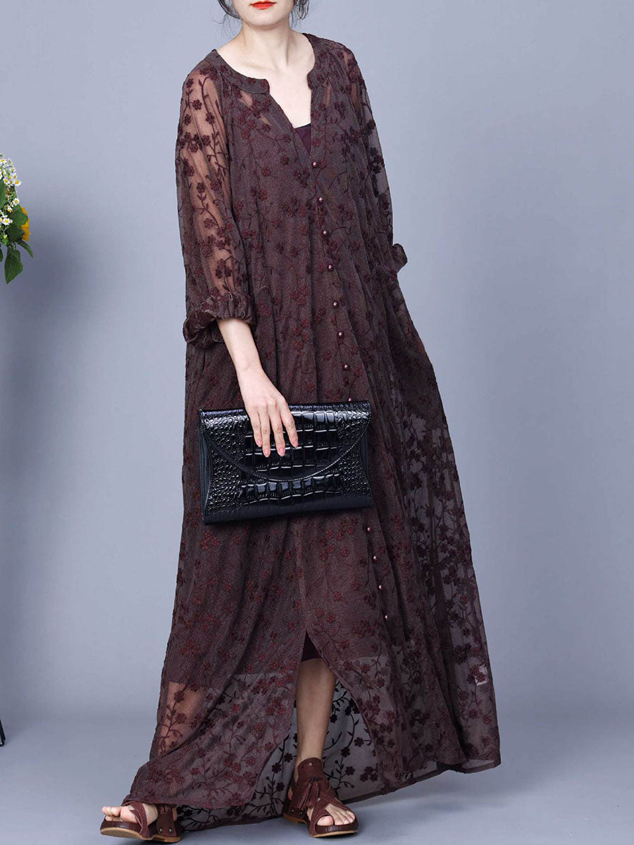 Women Autumn Flower Embroidery V-Neck Two-Pieces Dress