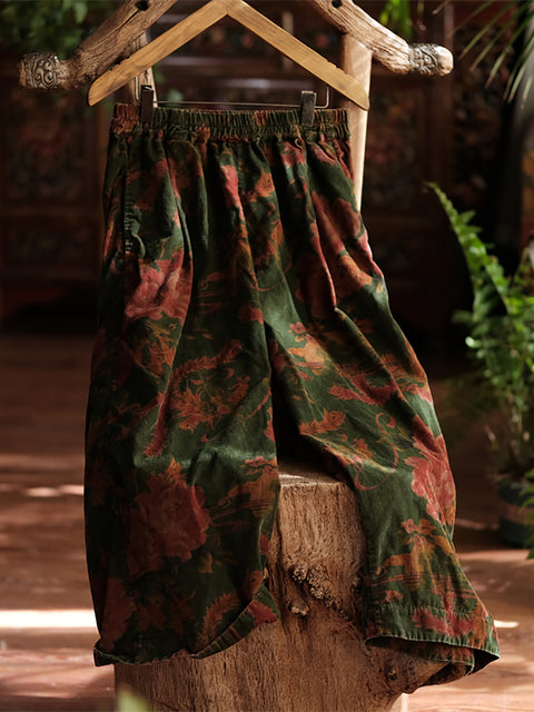 Women Vintage Autumn Flower Wide-leg 100%Cotton Pants