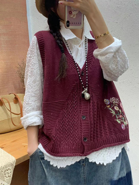 Women Autumn Artsy Flower Embroidery Knit V-Neck Vest