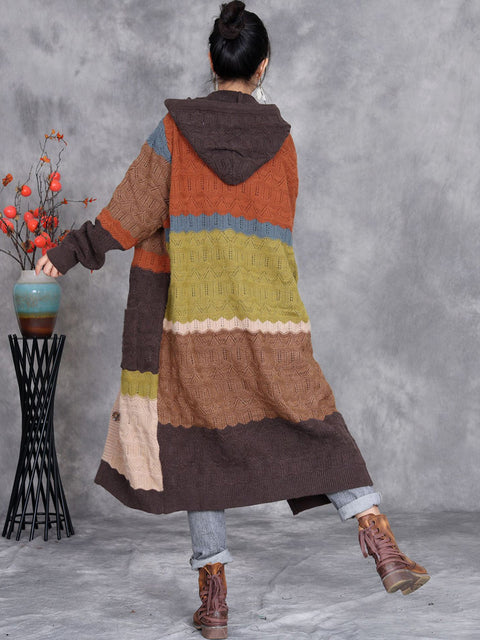 Women Winter Colorblock Wool Knitted Hooded Coat