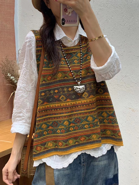 Women Autumn Artsy Colorblock Knit O-Neck Vest