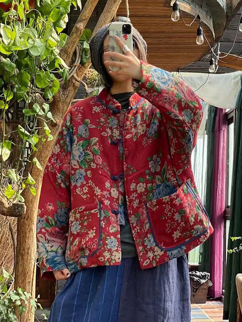 Women Ethnic Flower Stand Collar Pocket Cotton Short Coat