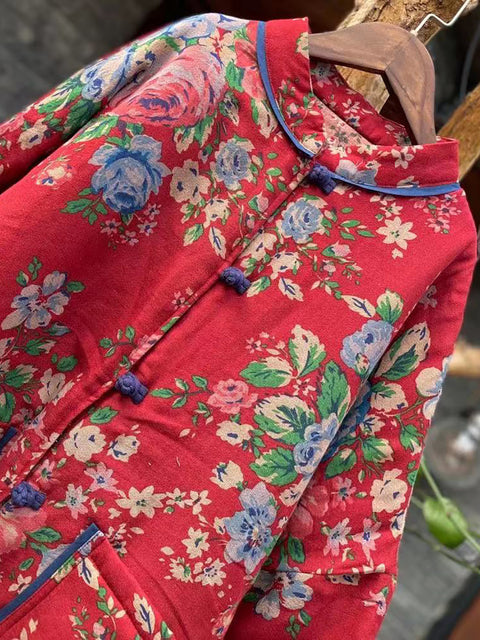 Women Ethnic Flower Stand Collar Pocket Cotton Short Coat