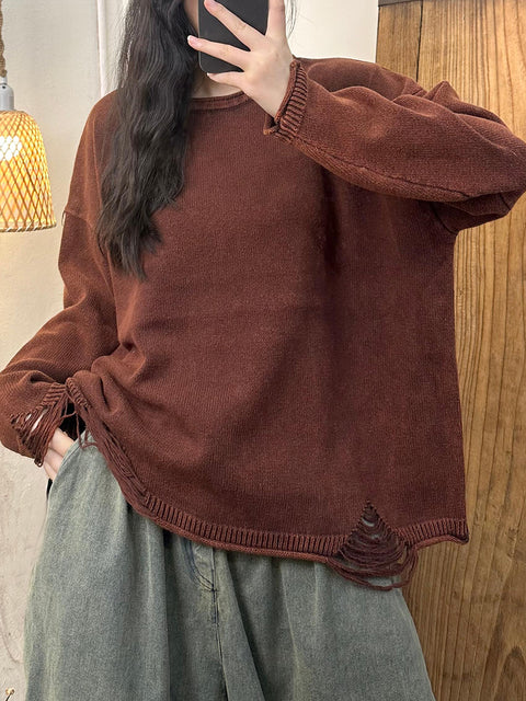 Women Autumn Retro O-Neck Solid Frayed Knit Sweater