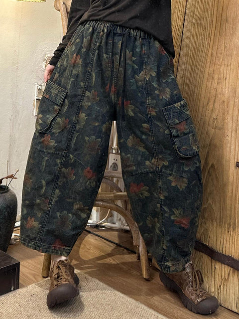 Women Autumn Retro Flower Denim Spliced Harem Pants