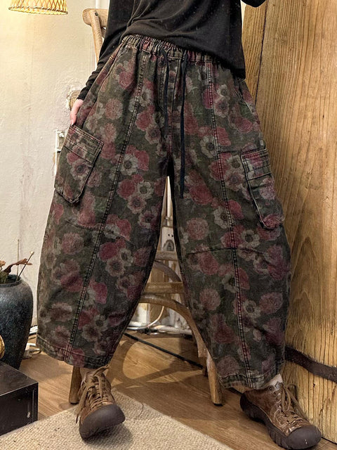 Women Autumn Retro Flower Denim Spliced Harem Pants