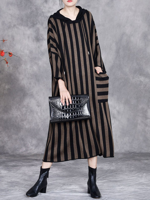 Women Autumn Artsy Stripe Colorblock Hooded Knit Dress