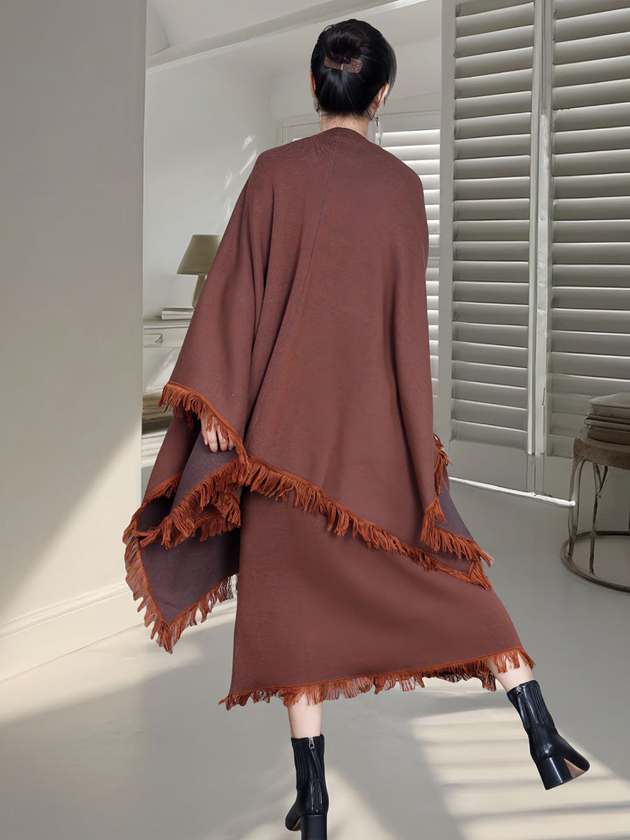 Women Fashion Colorblock Tassel Wool Knit Cardigan Shawl