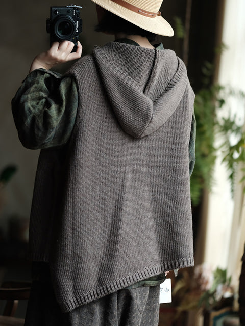 Women Autumn Solid Frayed Warm Hooded Wool Vest