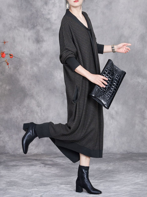 Women Autumn Artsy Cashmere Plaid Strap Knit Dress