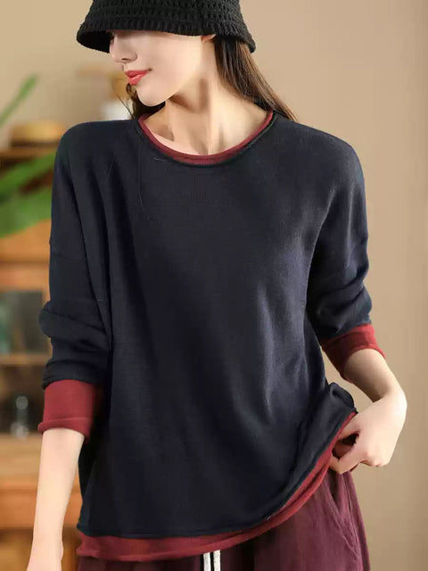 Women Casual Autumn Colorblock O-Neck Blouse