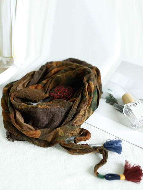 Women Vintage Flower Spliced Embroidery Linen Triangular Scarf