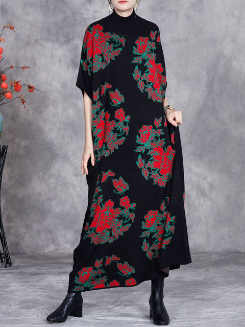 Women Autumn Artsy Flower Short Sleeve Half Turtleneck Knit Dress