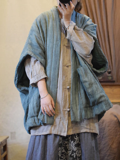 Women Ethnic Tie-dye V-Neck Linen Padded Vest Coat