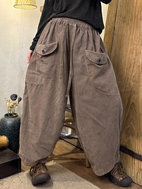 Women Autumn Retro Corduroy Pocket Harem Pants