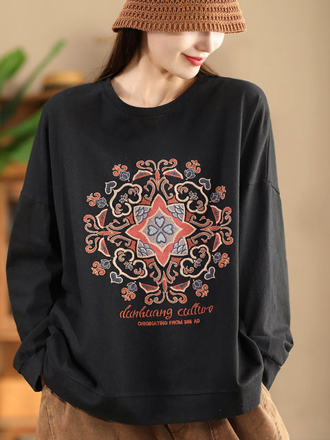 Women Autumn Flower Embroidery O-Neck Cotton Sweatshirt