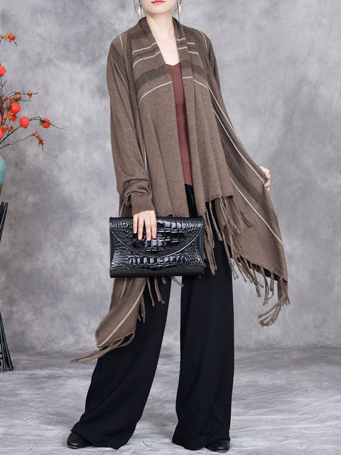 Women Autumn Artsy Stripe Knitted Tassel Cardigan Coat